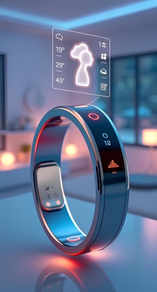 This ad creative features a sleek, metallic smart ring with a hovering holographic UI showing health-related data icons and temperature readings in a modern home environment.